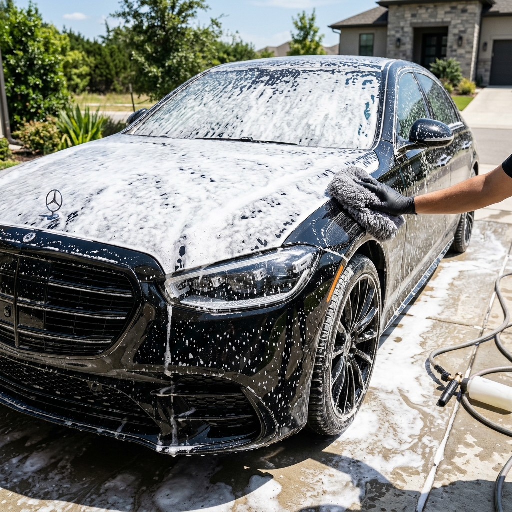 Premium luxury sedan being detailed with foam wash