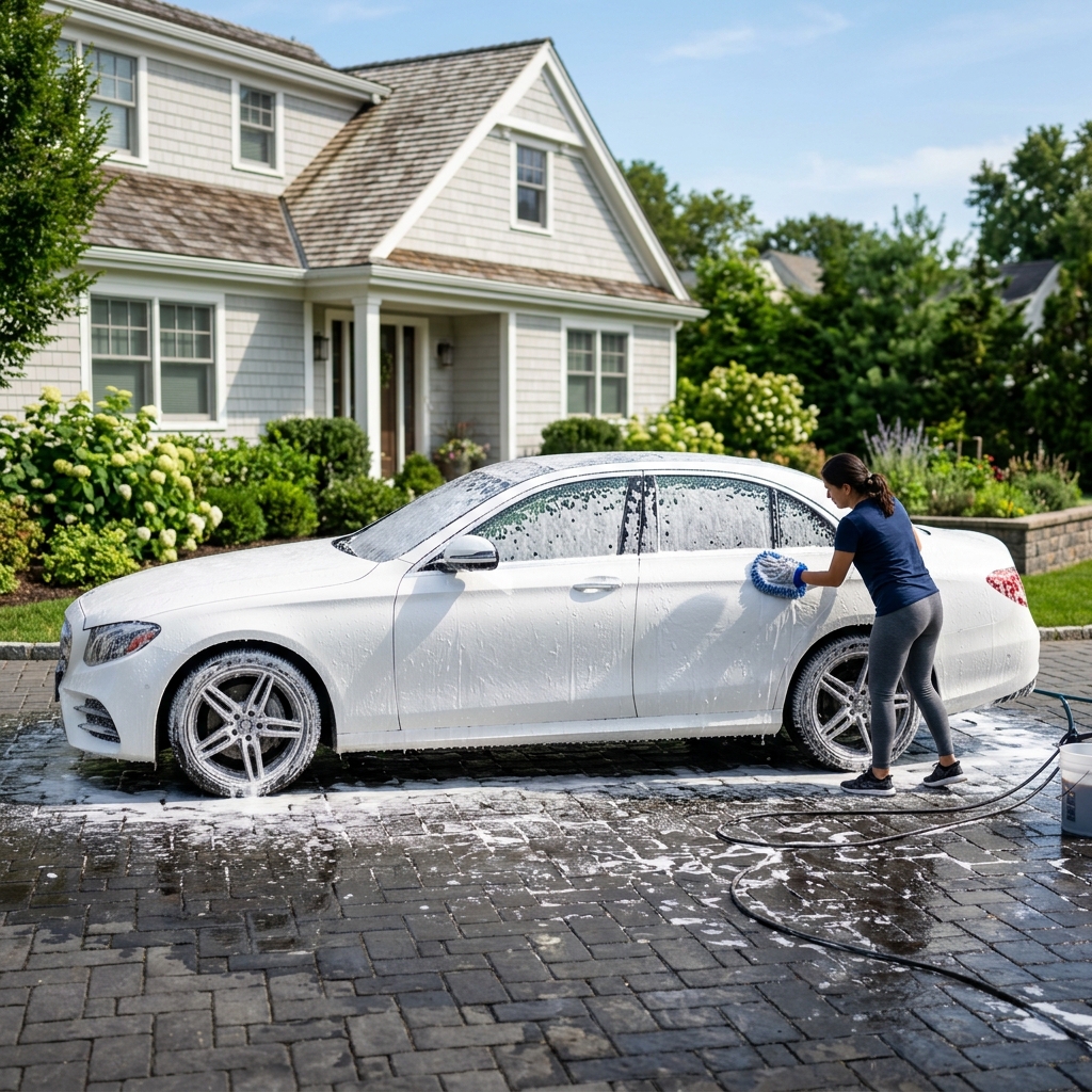 White sedan being cleaned with foam wash