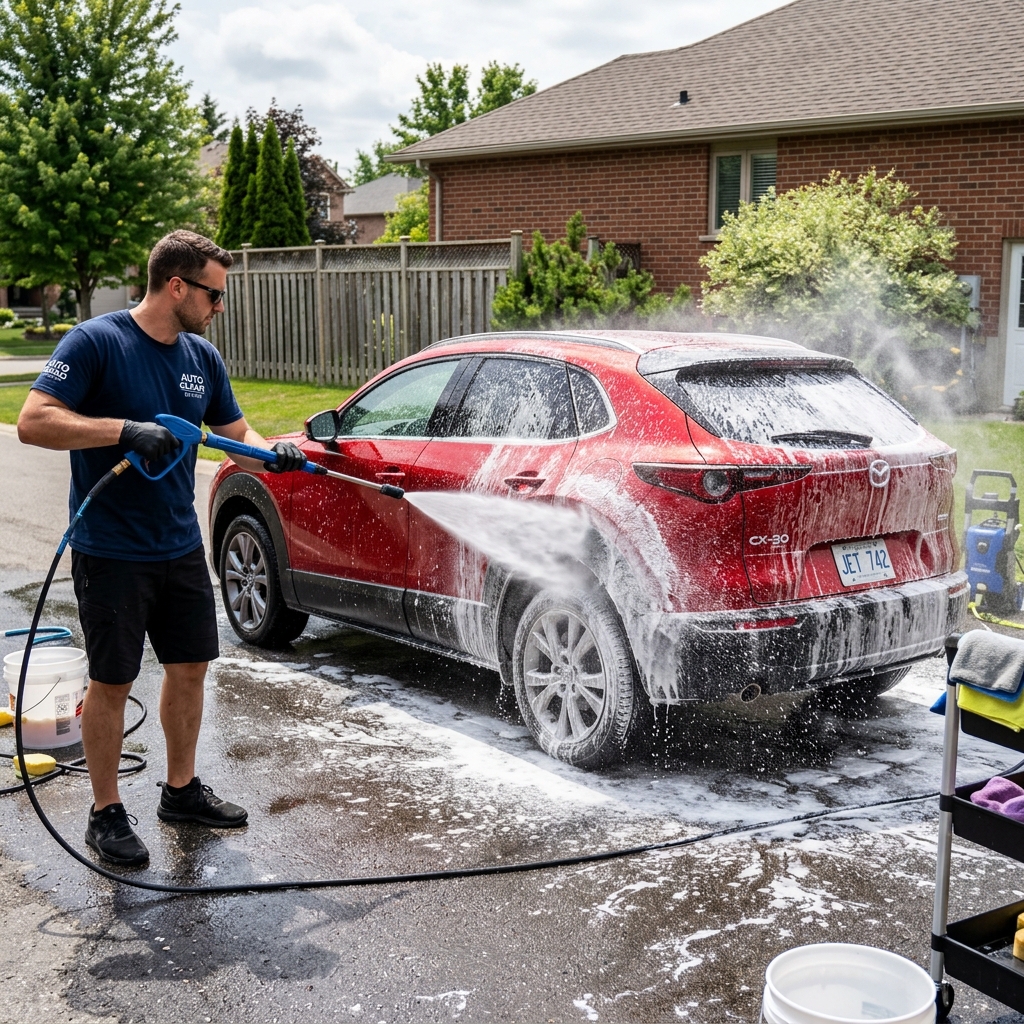 Car exterior receiving a detailed wash